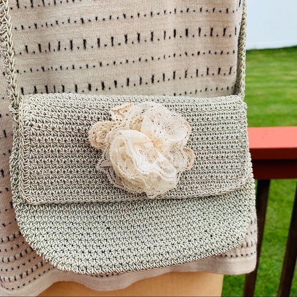 Y2K Knit Woven Taupe Rose lace cross body bag Neutral - Picture 2 of 9